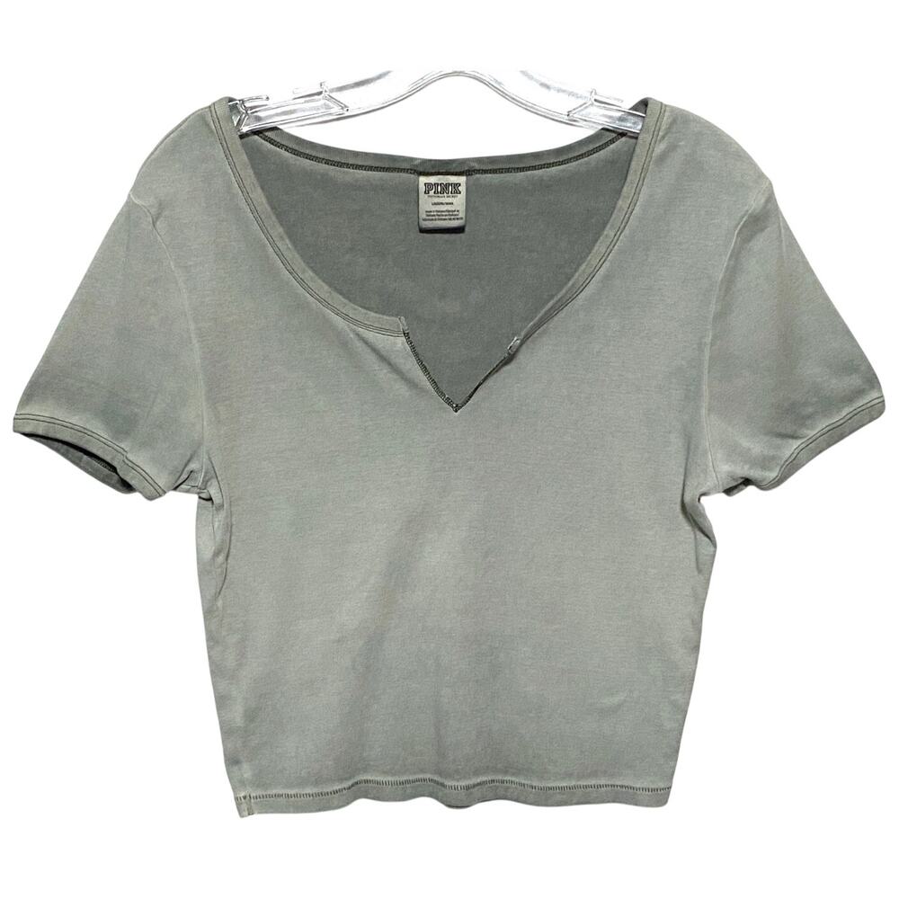 Victoria Secret PINK Babydoll Tee Crop Top Green Shirt L Split Neck Y2K Sporty